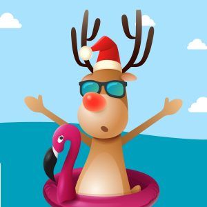 Reindeer in a flamingo floaty. Hands in the air as if to say "hey now, just what in the heck is going on here? I'm a reindeer using a gosh darn floaty!"