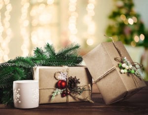 Beautiful Christmas holiday gift shopping background. View from above with copy space. Element for design