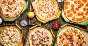 pizza in boxes multiple pizzas multiple toppings sauces food boxes