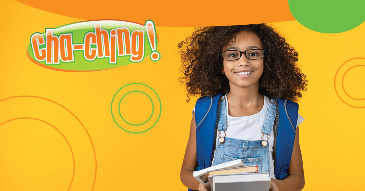 Young girl with bookbag and books and ChaChing logo