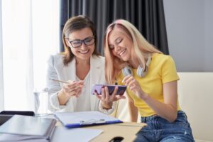 Mental health of teenage girl, student talking to female psychologist, social worker, teacher